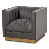 Baxton Studio TSF-BAX66111-Grey/Gold-CC Aveline Glam and Luxe Grey Velvet Fabric Upholstered Brushed Gold Finished Armchair